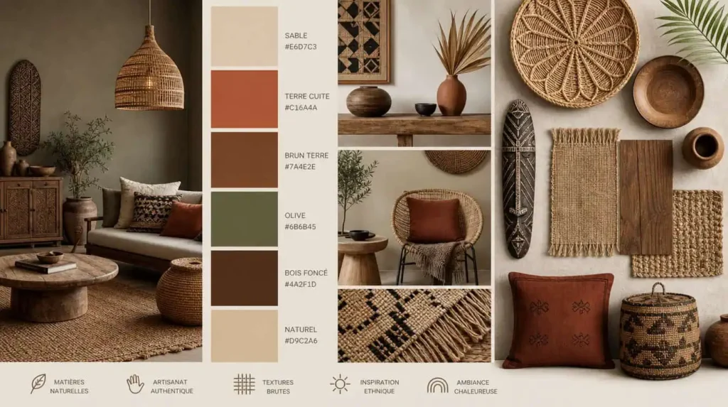couleurs terreuses matériaux naturels bois rotin jute décoration ethnique