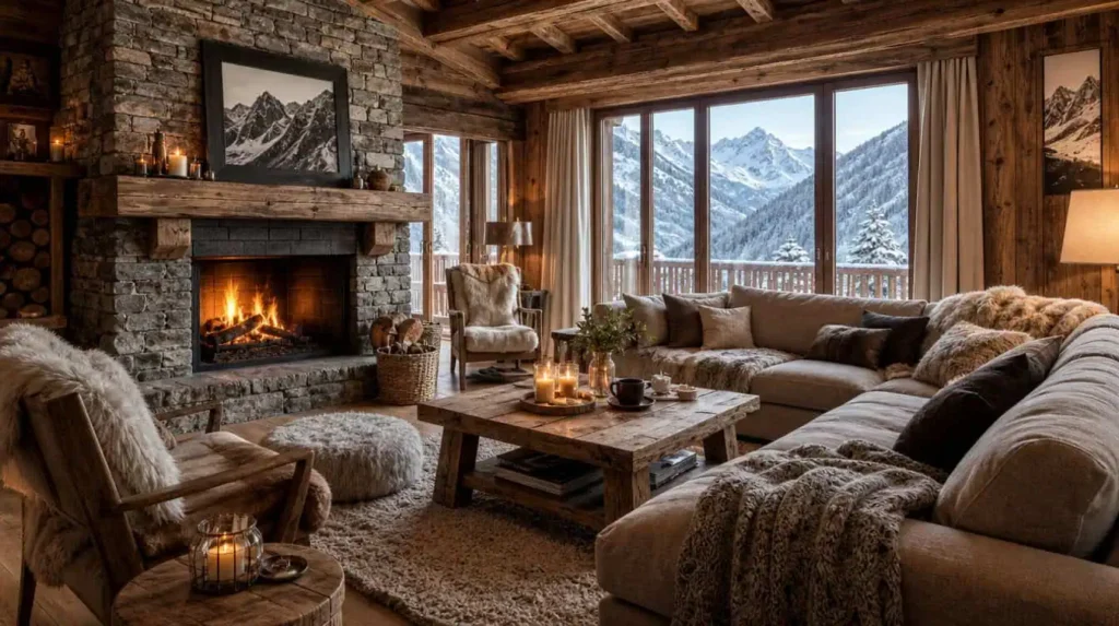 éclairage luminaire bois métal style chalet alpin bougies guirlandes ambiance chaleureuse montagne