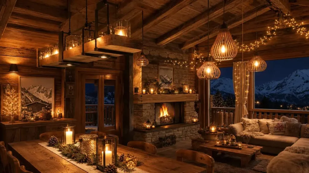 éclairage luminaire bois métal style chalet alpin bougies guirlandes ambiance chaleureuse montagne