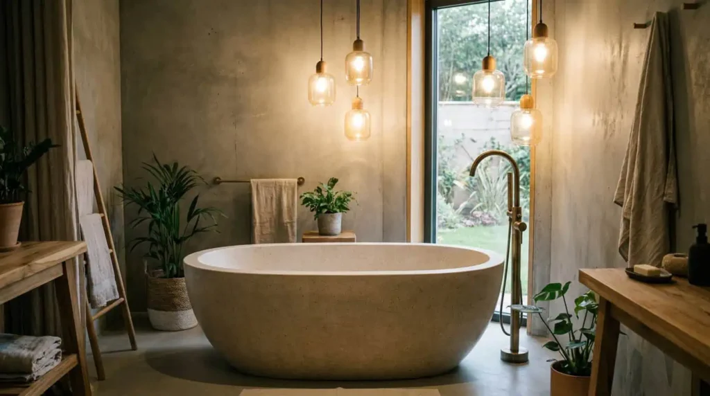 intégration baignoire ilot deco au centre salle de bain avec robinetterie sol