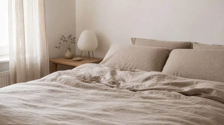 linge de maison en lin naturel beige sur un lit avec lumière douce