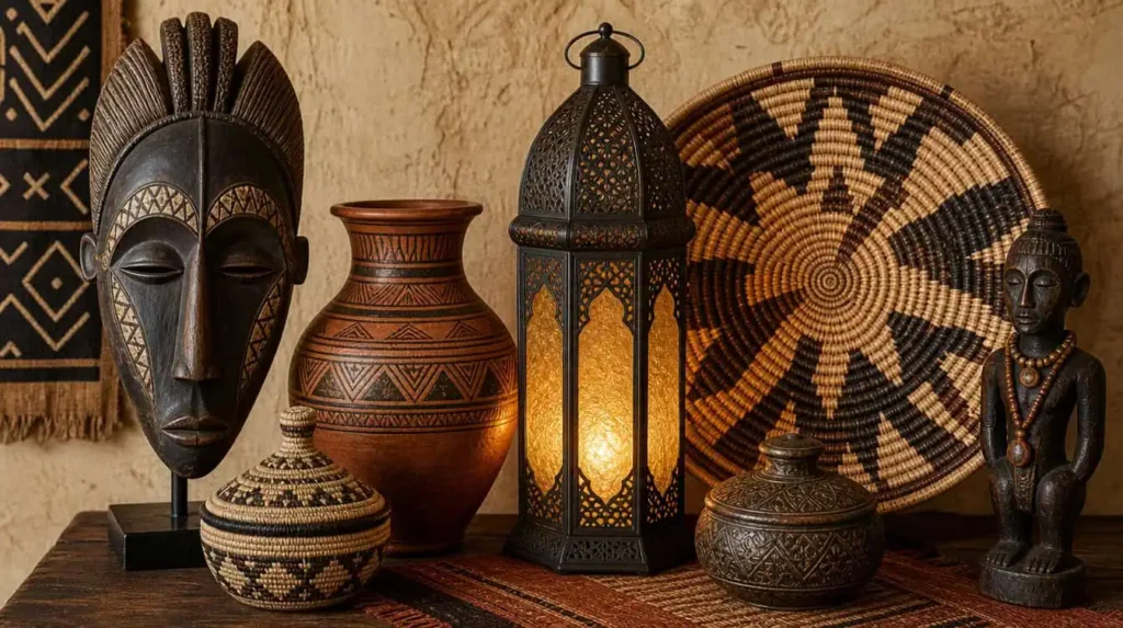 objets artisanaux ethniques masque africain poterie lanterne panier tressé