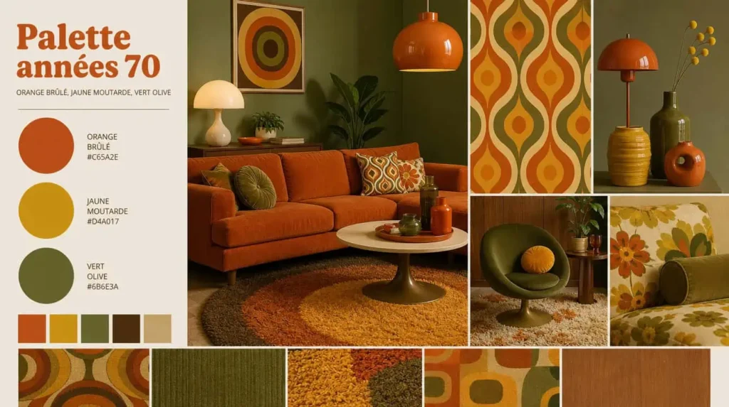 palette couleurs déco années 70 orange brûlé jaune moutarde vert olive