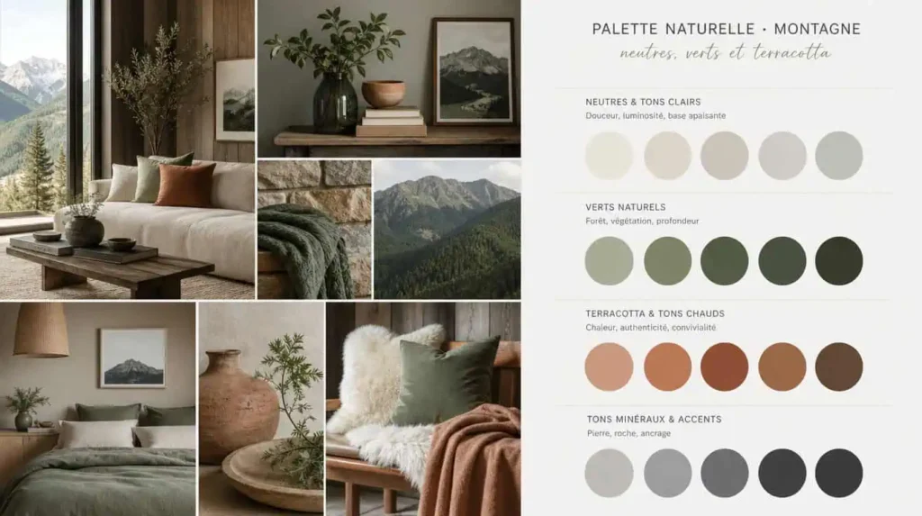 palette couleurs naturelles décoration montagne tons neutres vert sapin terracotta intérieur