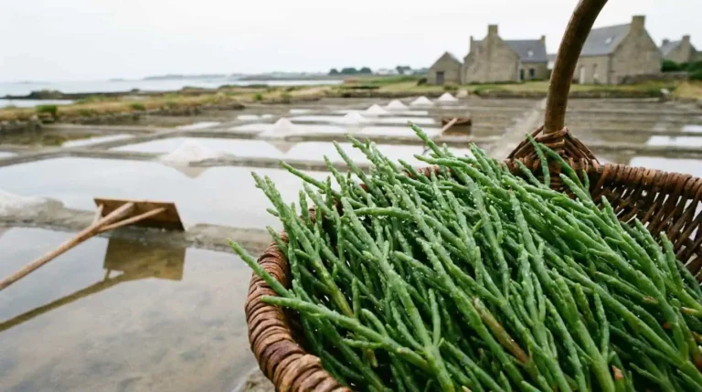 salicorne fraîche récoltée dans les marais salants, plante halophyte comestible