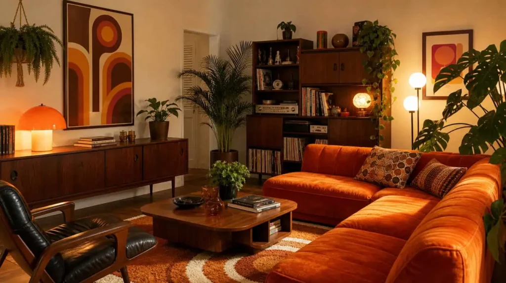 salon déco années 70 avec canapé velours orange et mobilier rétro en bois foncé