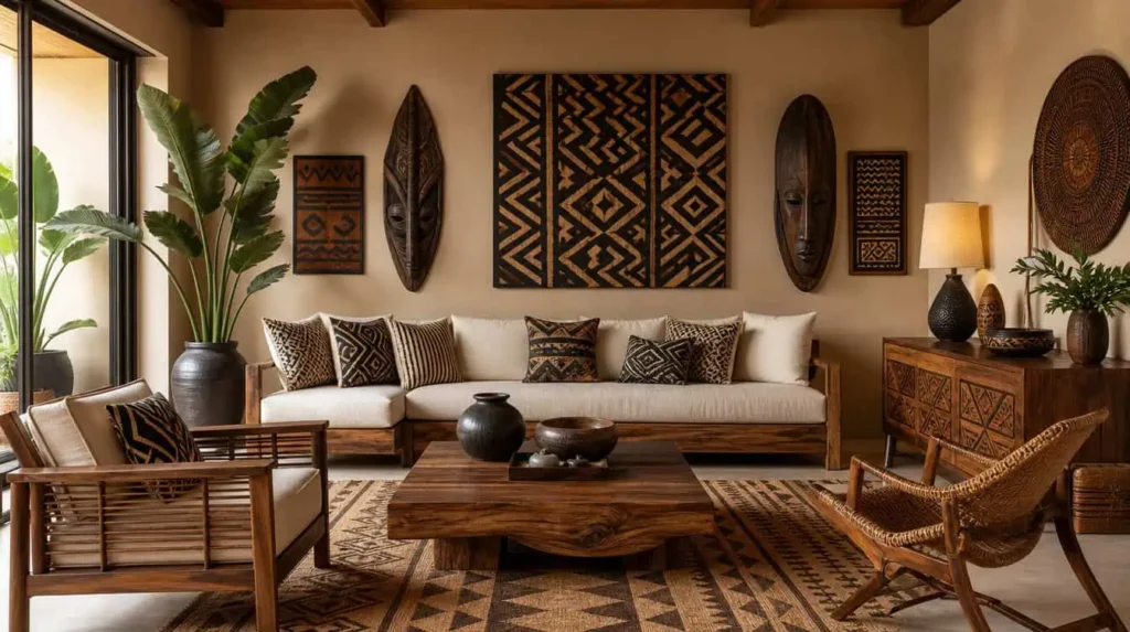 salon décoration ethnique africaine motifs tribaux mobilier bois naturel