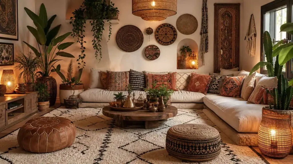 salon ethnique bohème tapis berbère coussins plantes vertes ambiance chaleureuse