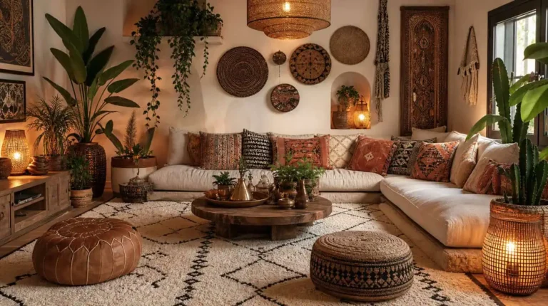 salon ethnique bohème tapis berbère coussins plantes vertes ambiance chaleureuse