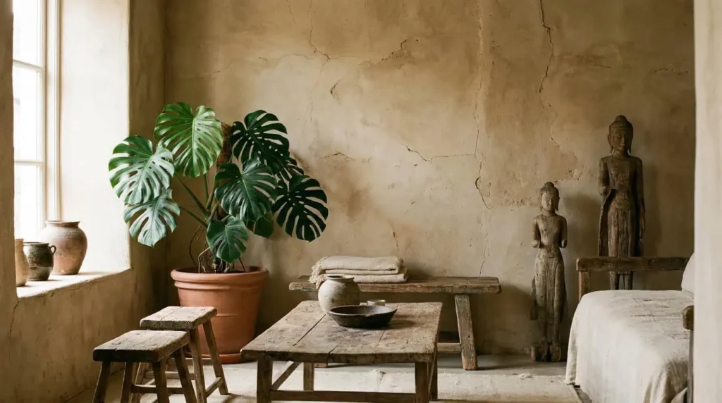 salon wabi sabi style décoration naturelle matériaux bruts objets patinés