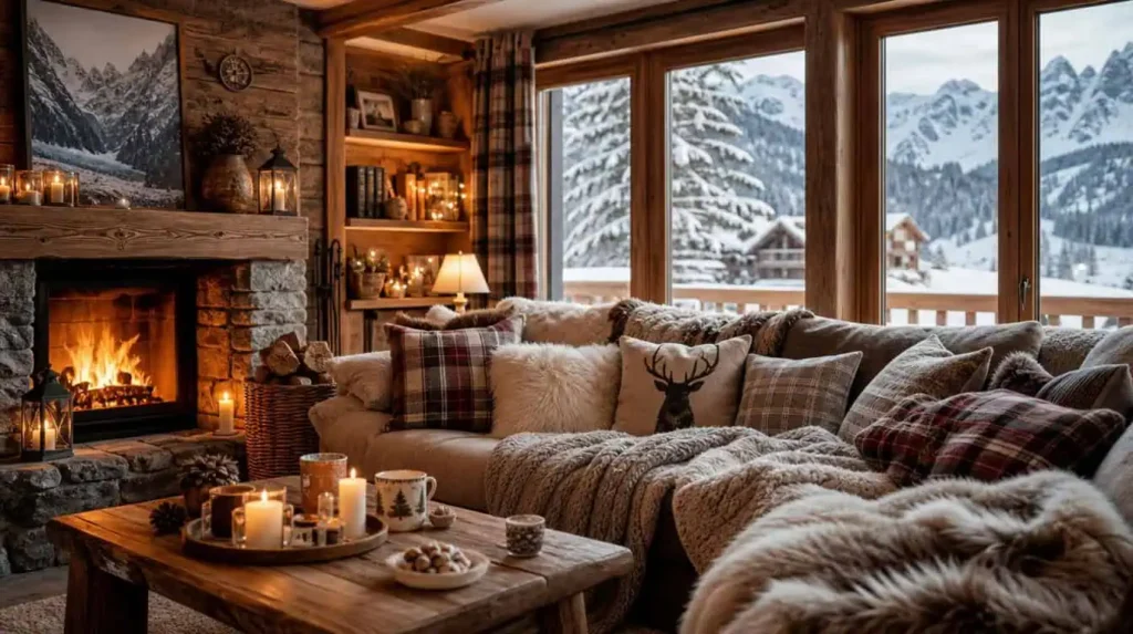 textiles douillets plaid fourrure coussins laine style montagne ambiance cocooning salon