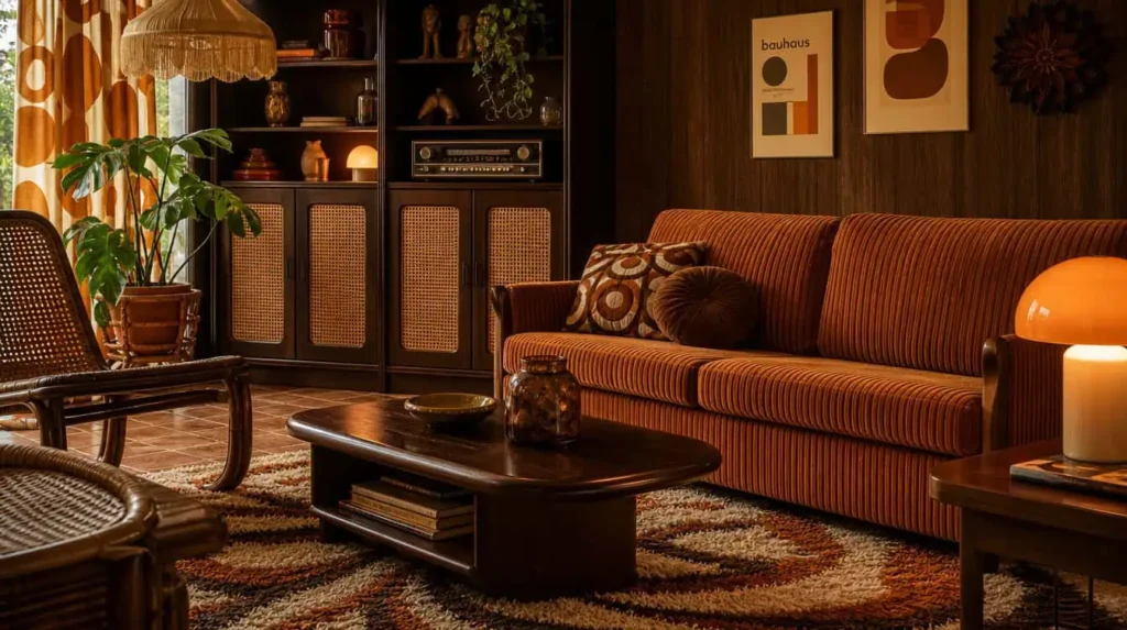 textures déco années 70 rotin tressé velours côtelé bois foncé intérieur vintage