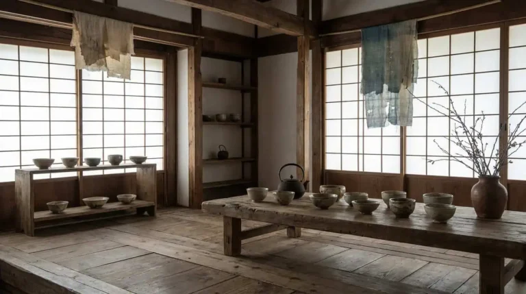 wabi sabi style intérieur japonais céramique bois brut lumière naturelle