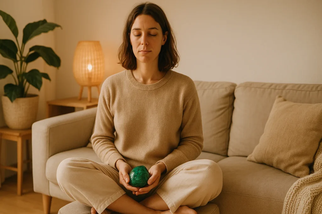 femme méditant avec malachite pierre naturelle pour bien-être