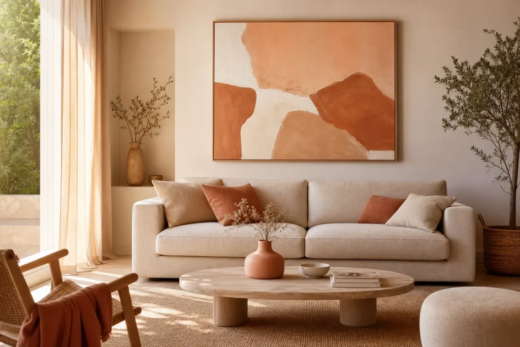 Art mural abstrait dans un salon lumineux et chaleureux
