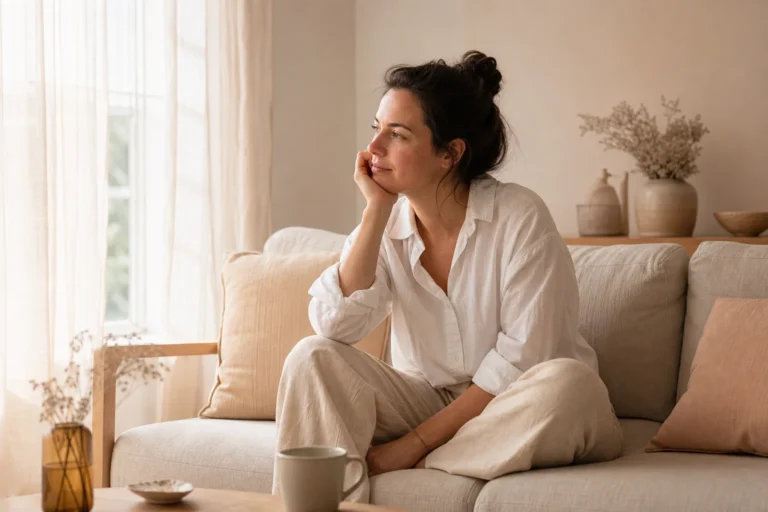 Femme pensive illustrant la baisse de libido femme au quotidien