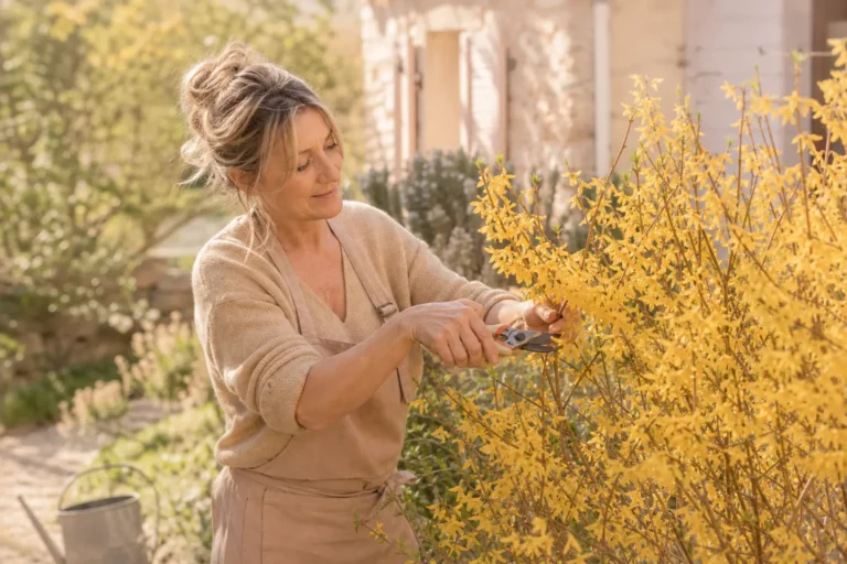 Femme pratiquant comment tailler les forsythias avec un sécateur au printemps
