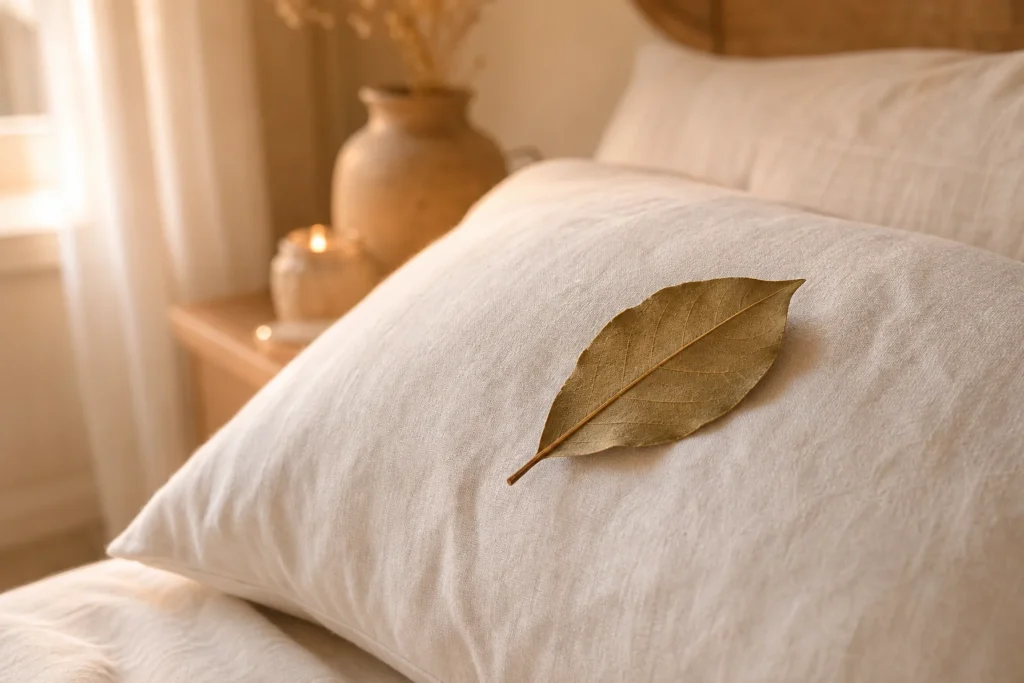 feuille de laurier sous l'oreiller pour un rituel de sommeil apaisant