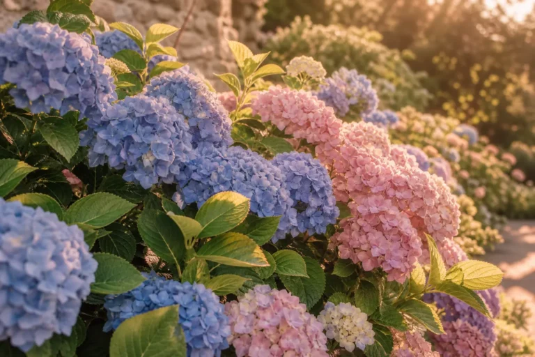 Floraison des hortensias bleus et roses dans un jardin en été