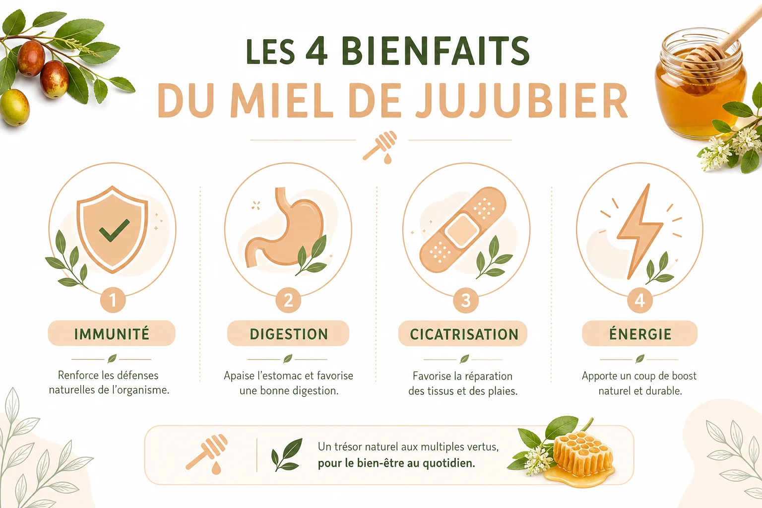 Les 4 grands bienfaits du miel de jujubier Infographie des bienfaits du miel de jujubier sur la santé