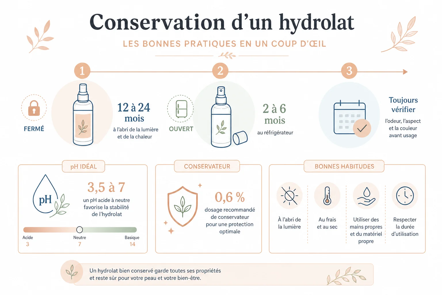 Infographie conservation et dosage d'un hydrolat au réfrigérateur