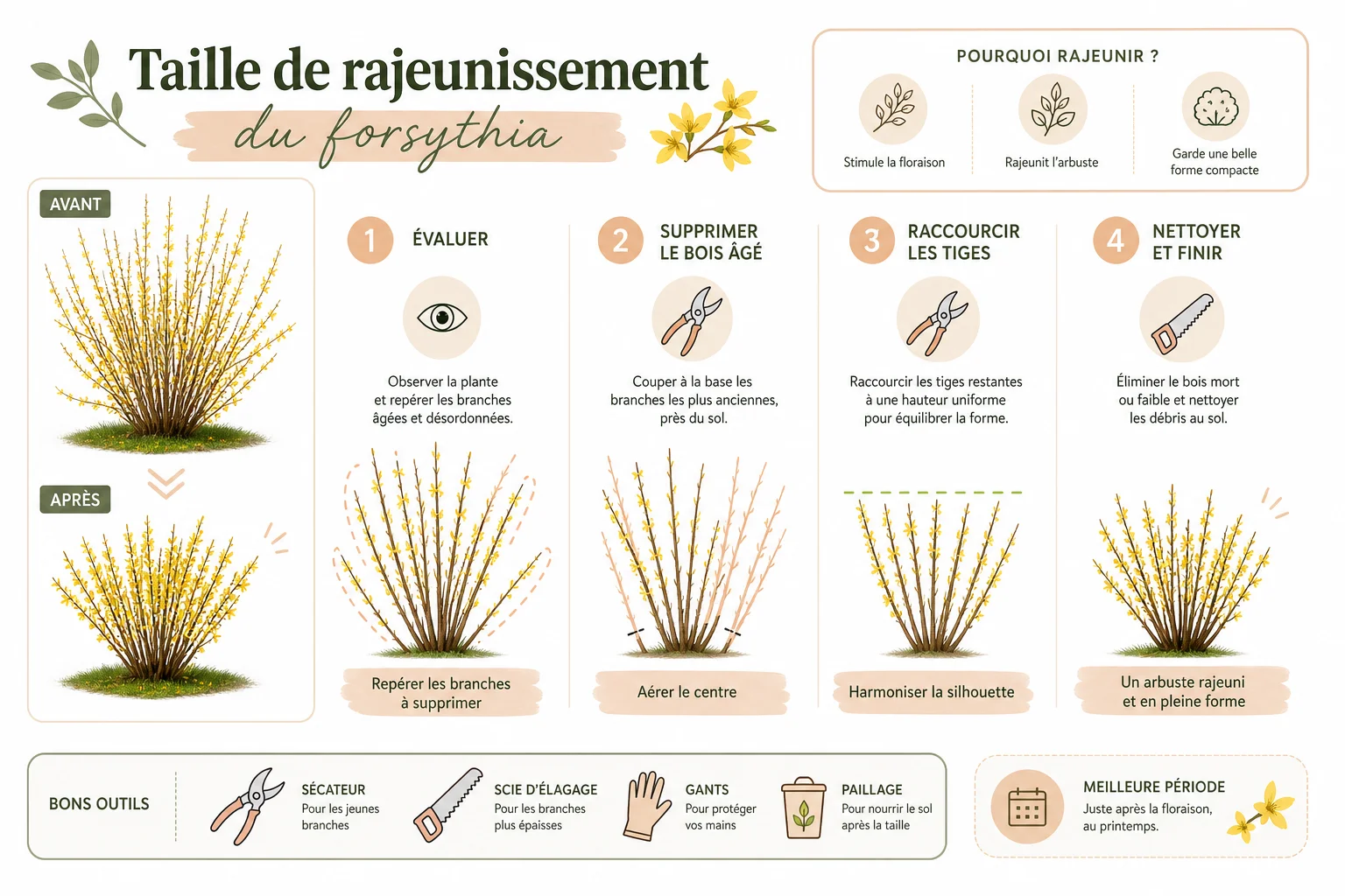 Infographie comment tailler les forsythias en taille de rajeunissement