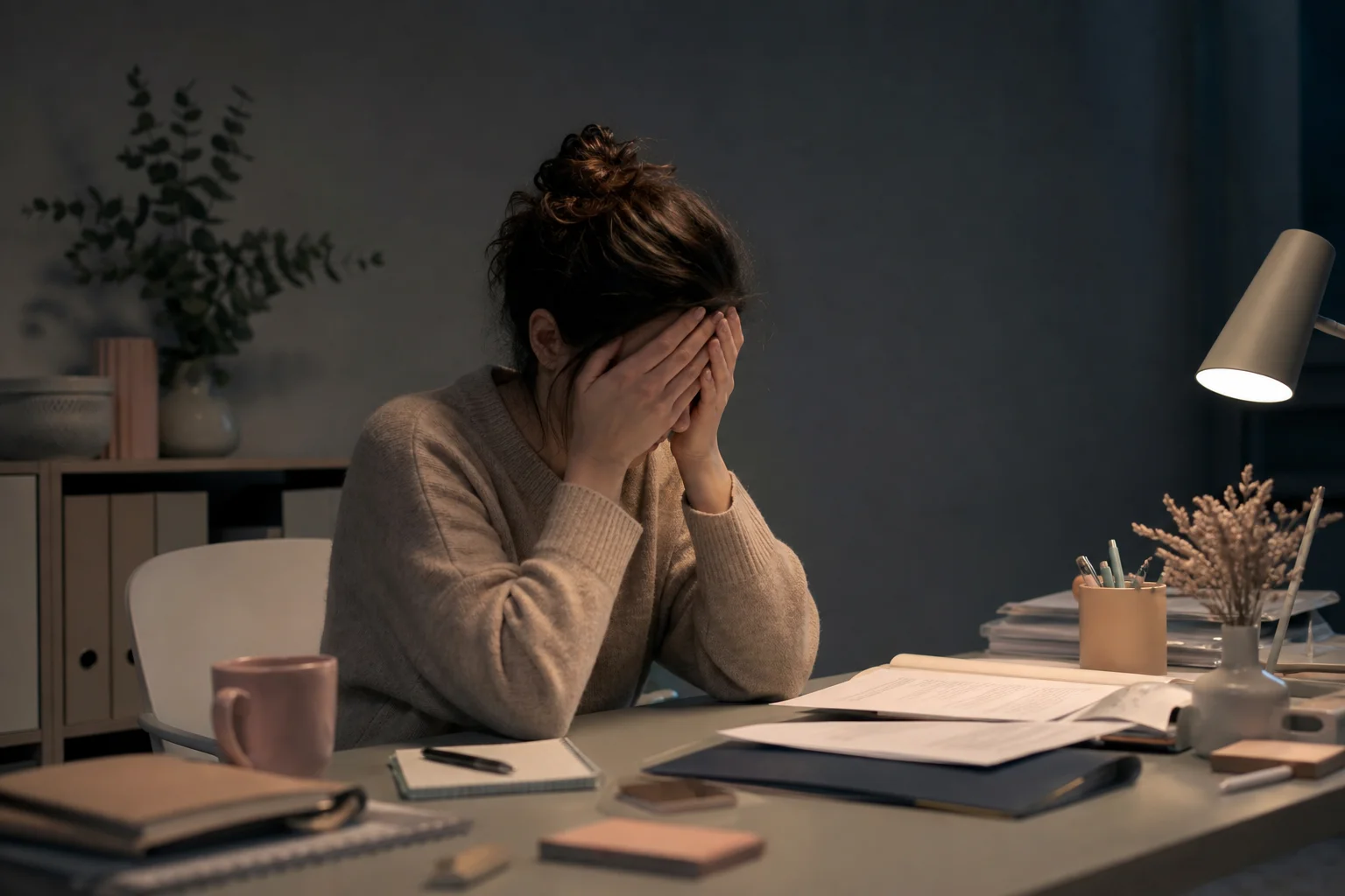 Stress et fatigue mentale, ennemis du désir Femme stressée symbolisant l'impact du stress sur la baisse de libido femme