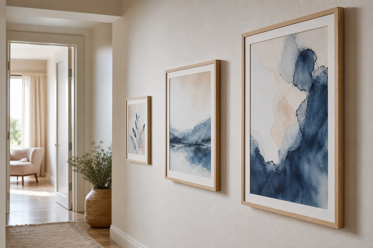 Toiles et tableaux d'art mural dans un couloir lumineux