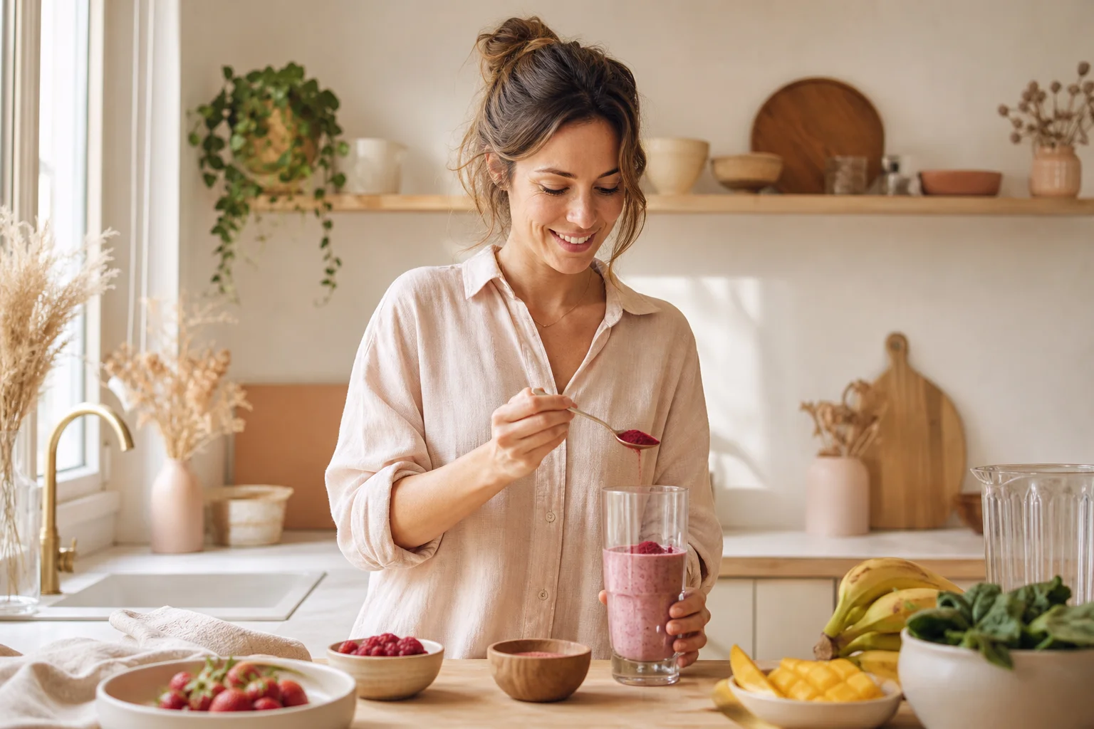 Femme ajoutant de la poudre d'acérola dans un smoothie pour booster le système immunitaire