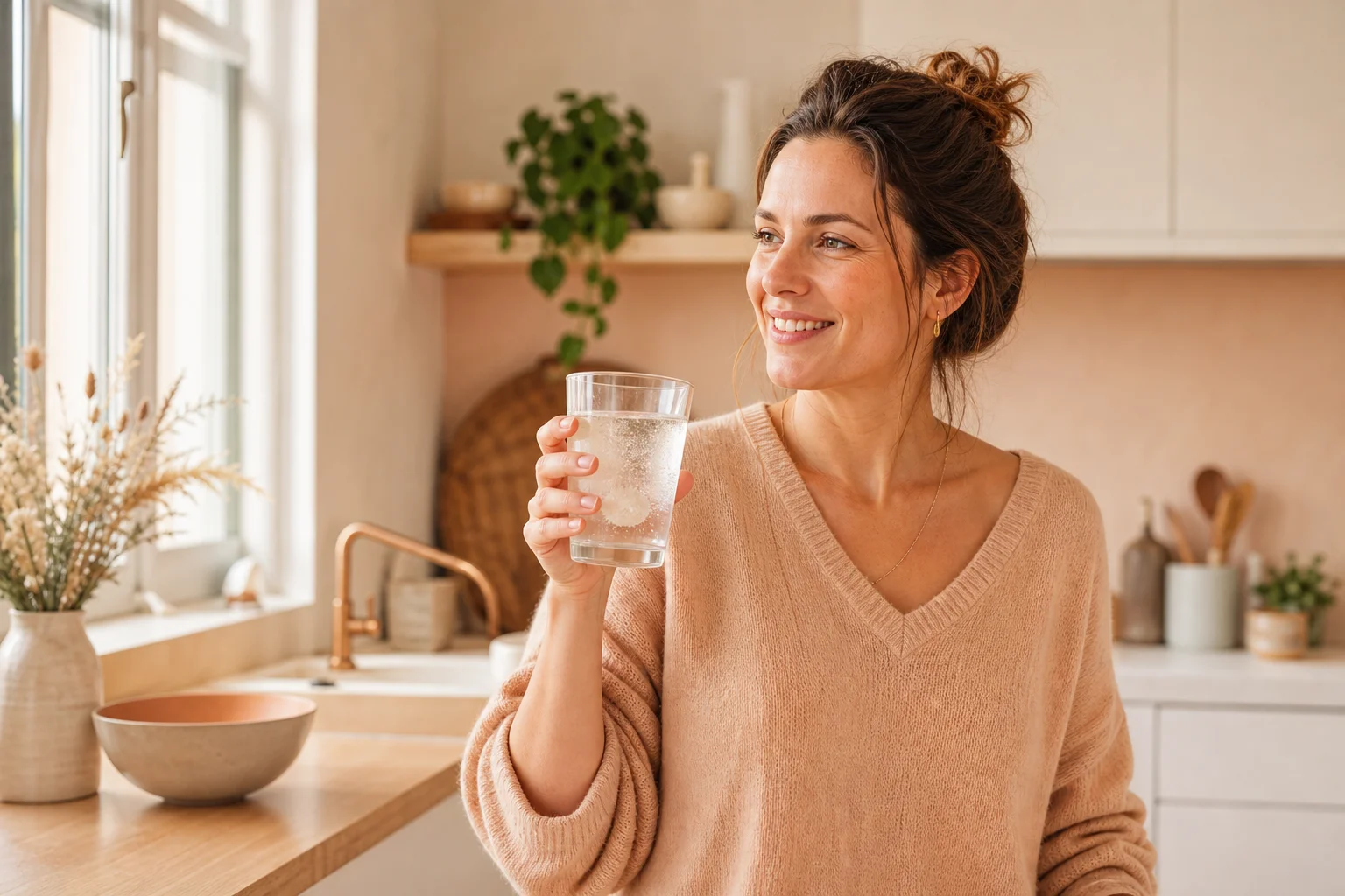 Femme prenant de l'acide ascorbique sous forme effervescente