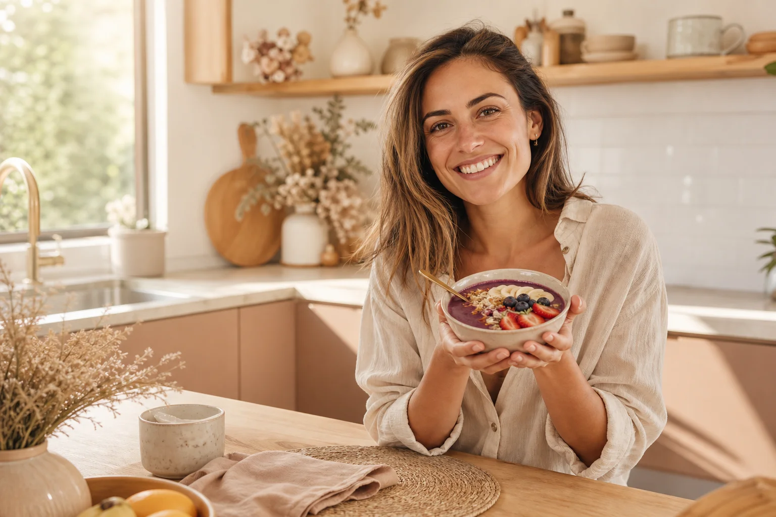Jeune femme préparant un smoothie à la baie d'acai dans une cuisine lumineuse