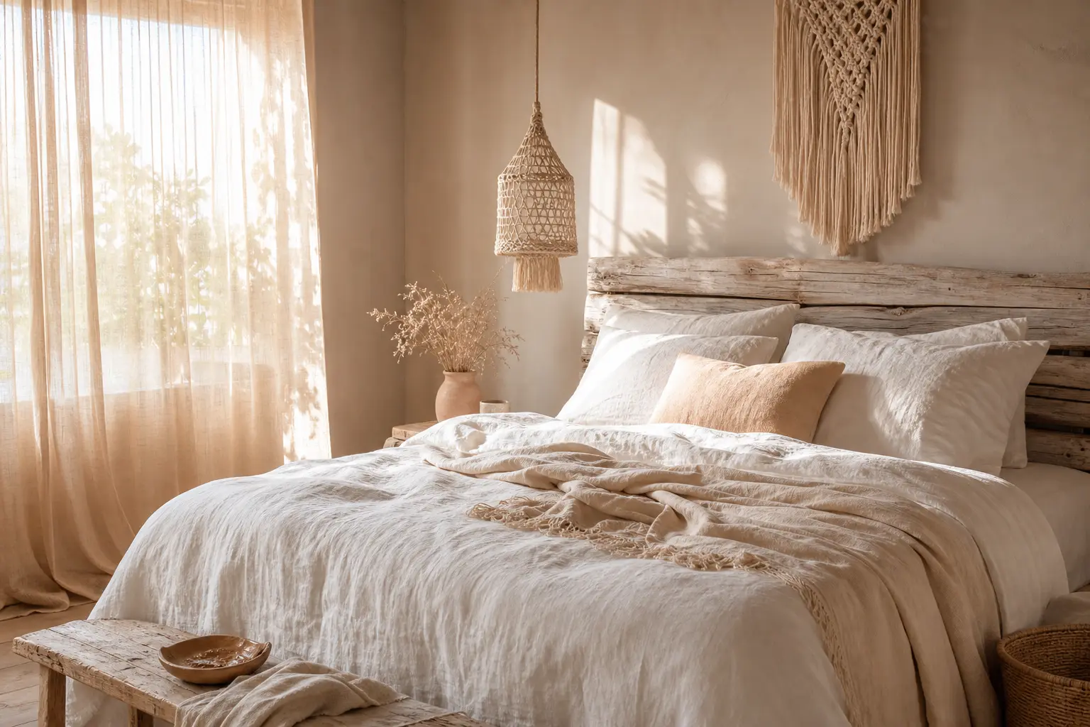 Chambre bord de mer : apaisement et matières naturelles Décoration bord de mer appliquée à une chambre reposante en lin et bois flotté