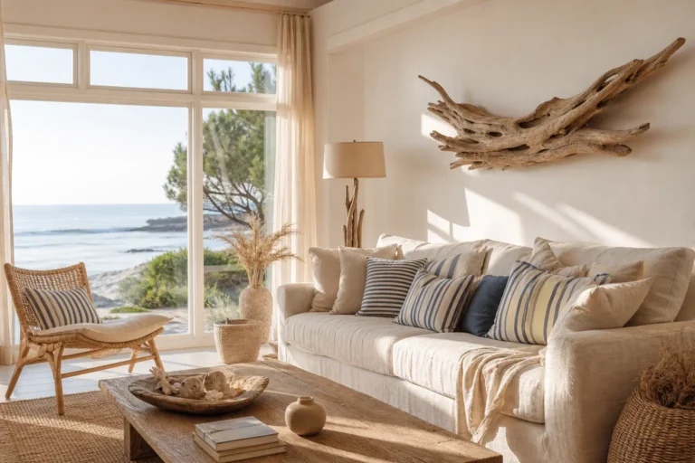 Décoration bord de mer dans un salon lumineux aux tons bleus et blancs