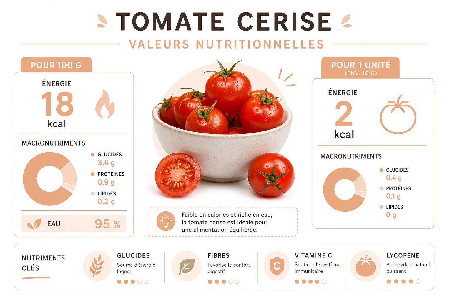 Infographie calories et nutriments de la tomate cerise Infographie des calories dans les tomates cerises et valeurs nutritionnelles