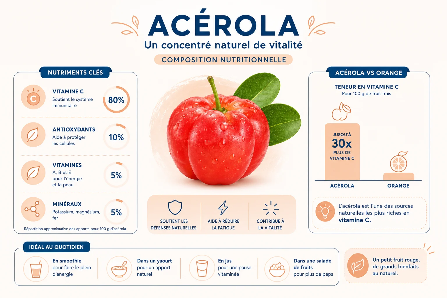 Infographie composition nutritionnelle de l'acérola et teneur en vitamine C