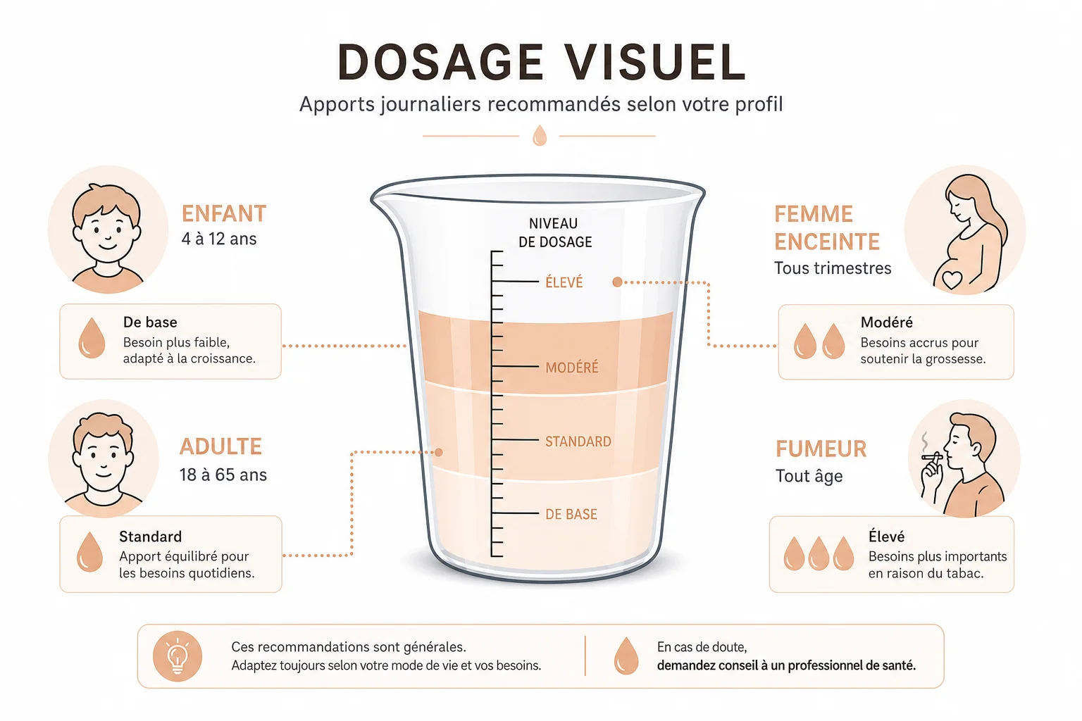 Infographie des doses recommandées d'acide ascorbique par âge