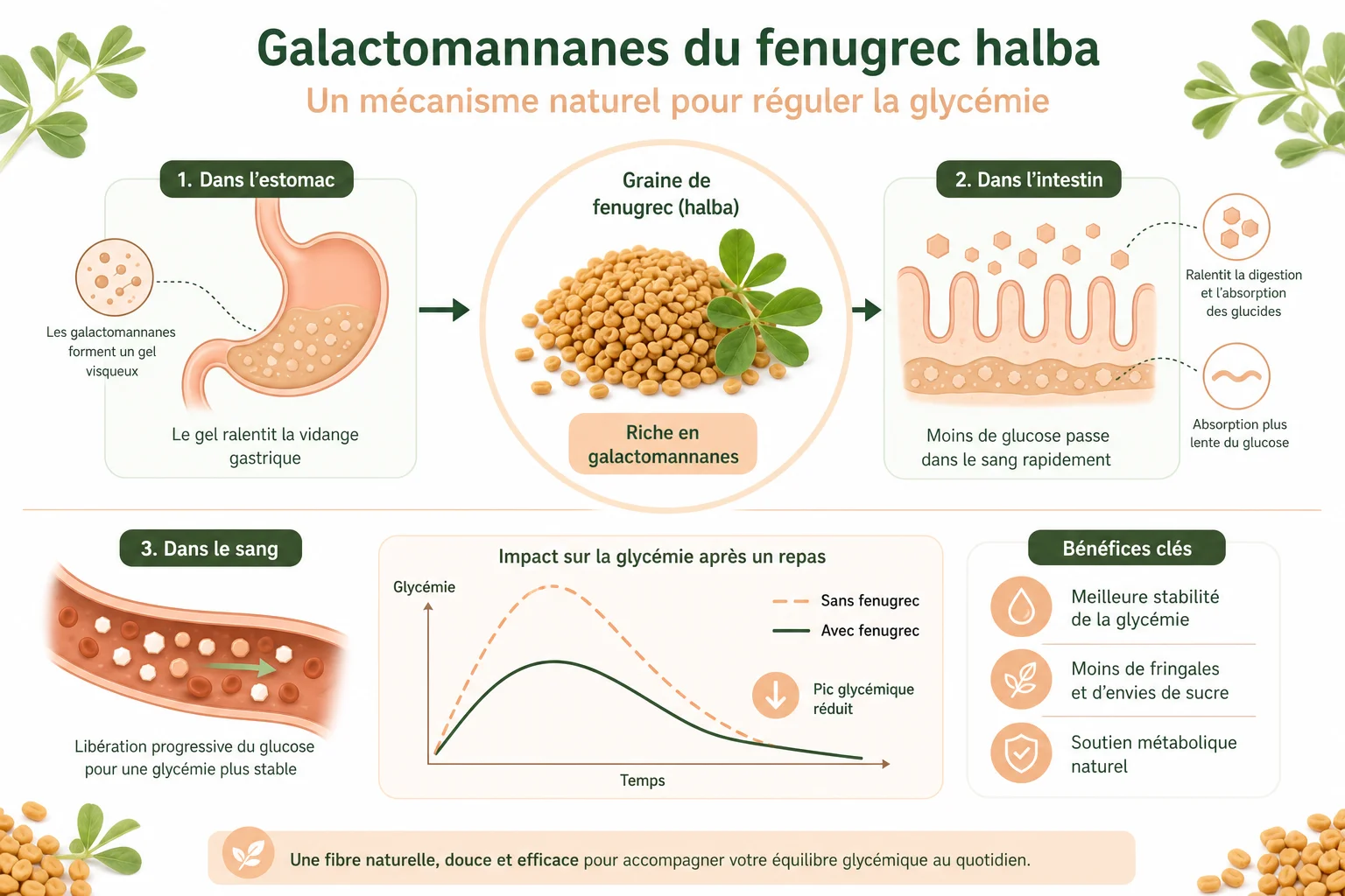 Fenugrec halba : action sur la glycémie et le cholestérol Infographie sur le fenugrec halba et son action sur la glycémie