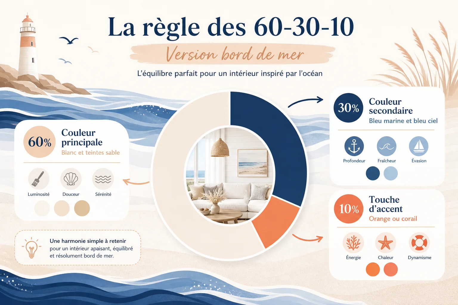 La règle des couleurs pour une déco bord de mer équilibrée Infographie palette de couleurs pour une décoration bord de mer réussie