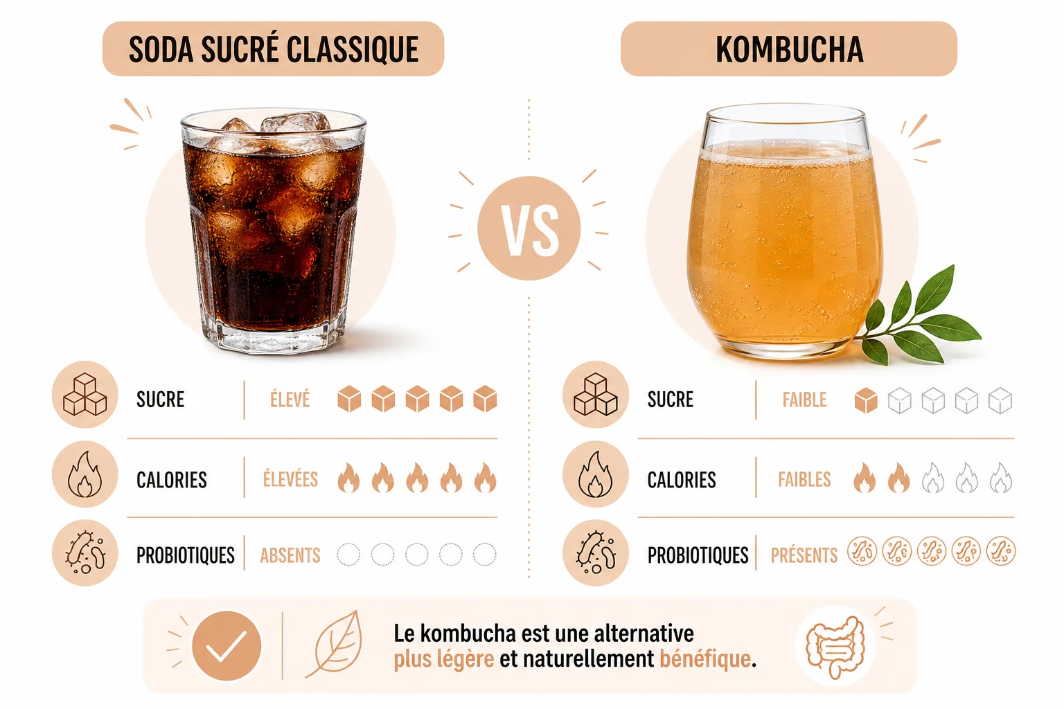 Kombucha vs soda, le comparatif santé Kombucha bienfaits comparé aux sodas sucrés et impact sur la glycémie