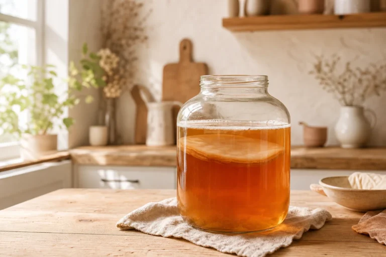 Kombucha bienfaits boisson fermentée avec SCOBY dans bocal en verre