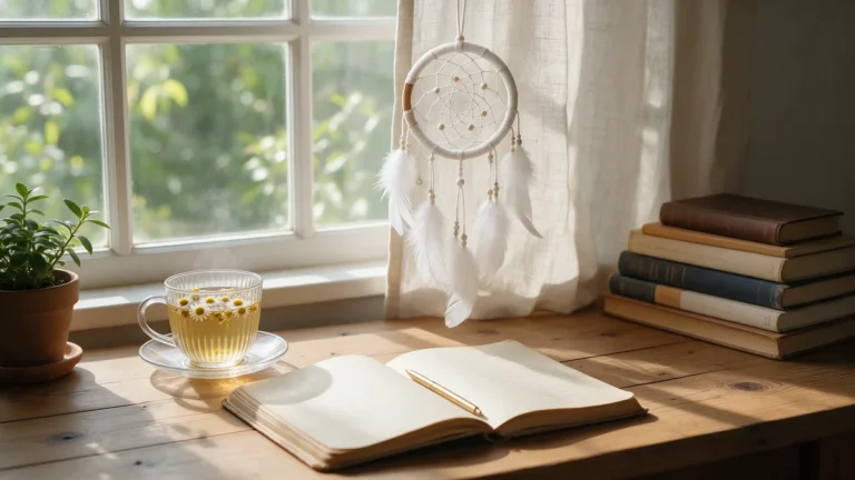 Bureau en bois près d’une fenêtre avec carnet, tisane de camomille et attrape-rêves