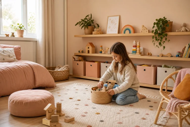 rangement chambre enfant organisé avec étagères murales et panier à jouets
