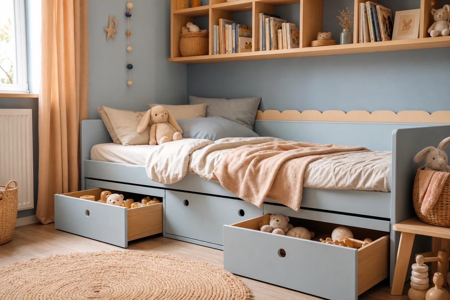 rangement sous le lit et étagères murales pour chambre enfant
