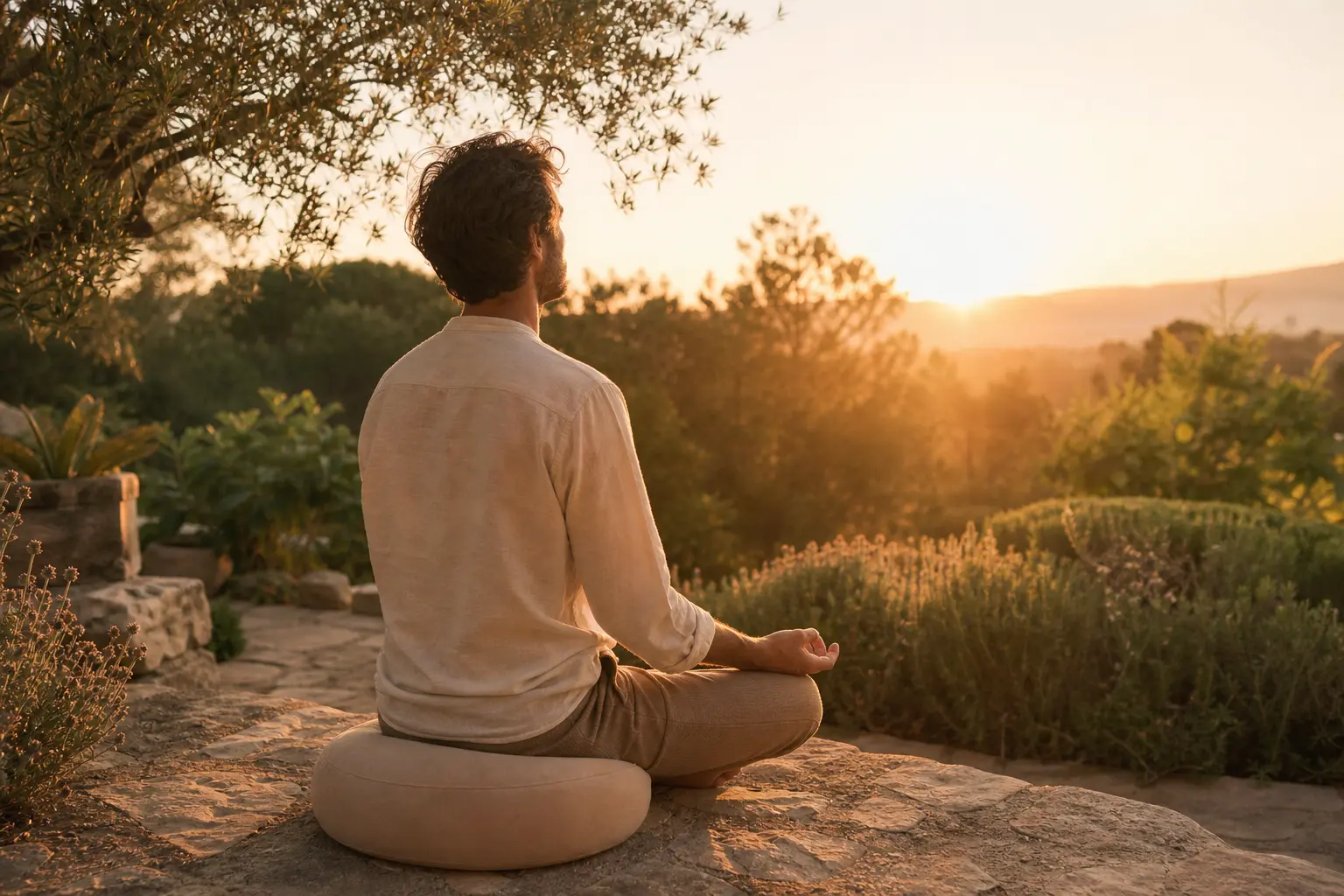 Homme pratiquant la respiration profonde pour la relaxation en extérieur