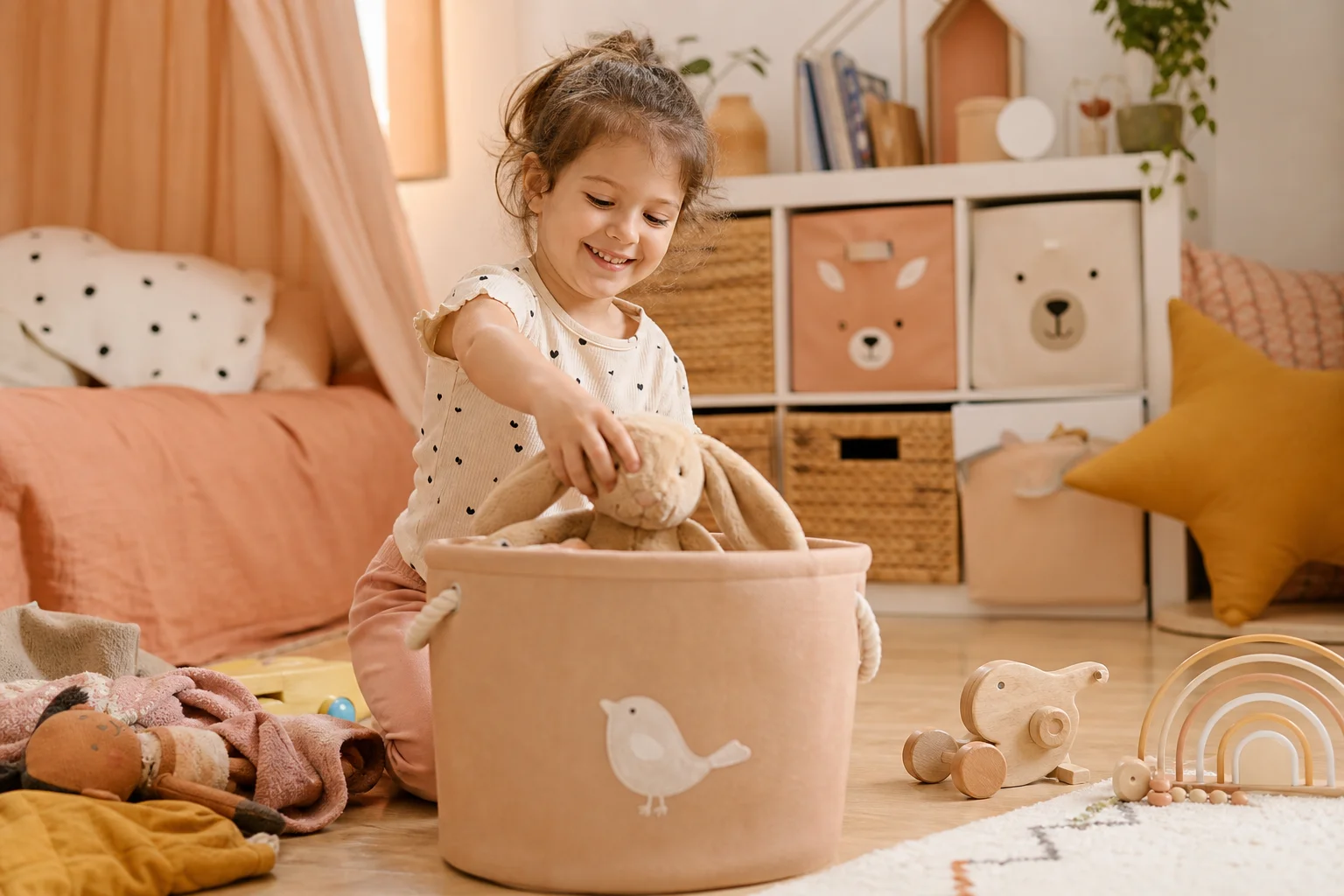 routine de rangement chambre enfant avec boîtes étiquetées